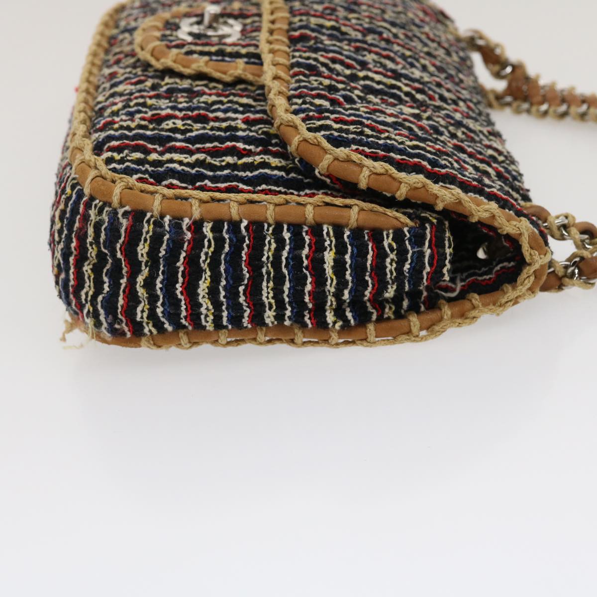 Luxury Chanel Matelasse Tweed Turn Lock Chain Shoulder Bag Navy Brown CC  nh616A
