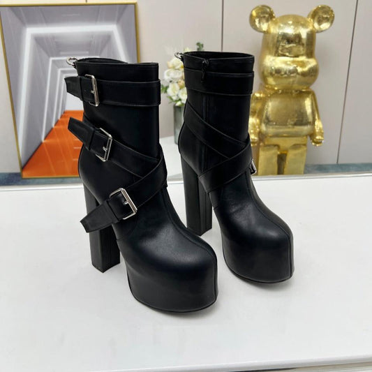 Luxury Saint Laurent SL ANKLE BUCKLE BOOT PLATFORM BLACK SMOOTH CALFSKIN