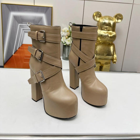 Luxury Saint Laurent SL ANKLE BUCKLE BOOT PLATFORM TAN CALFSKIN