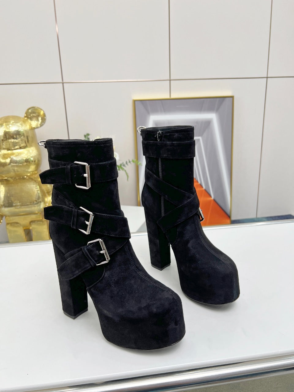 Luxury Saint Laurent SL ANKLE BUCKLE BOOT PLATFORM BLACK SUEDE