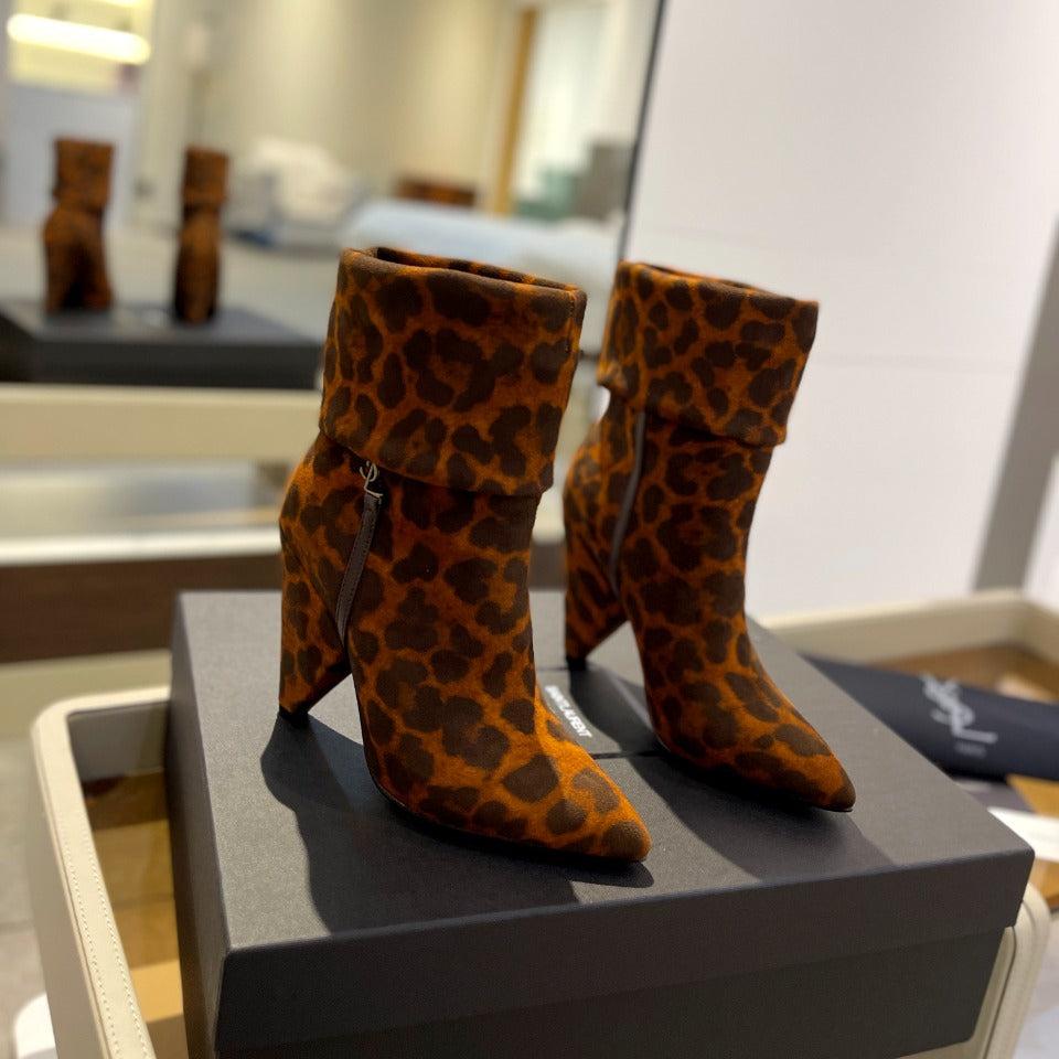 Luxury Saint Laurent SL NIKI BOOTIES LEOPARD BRICK SUEDE