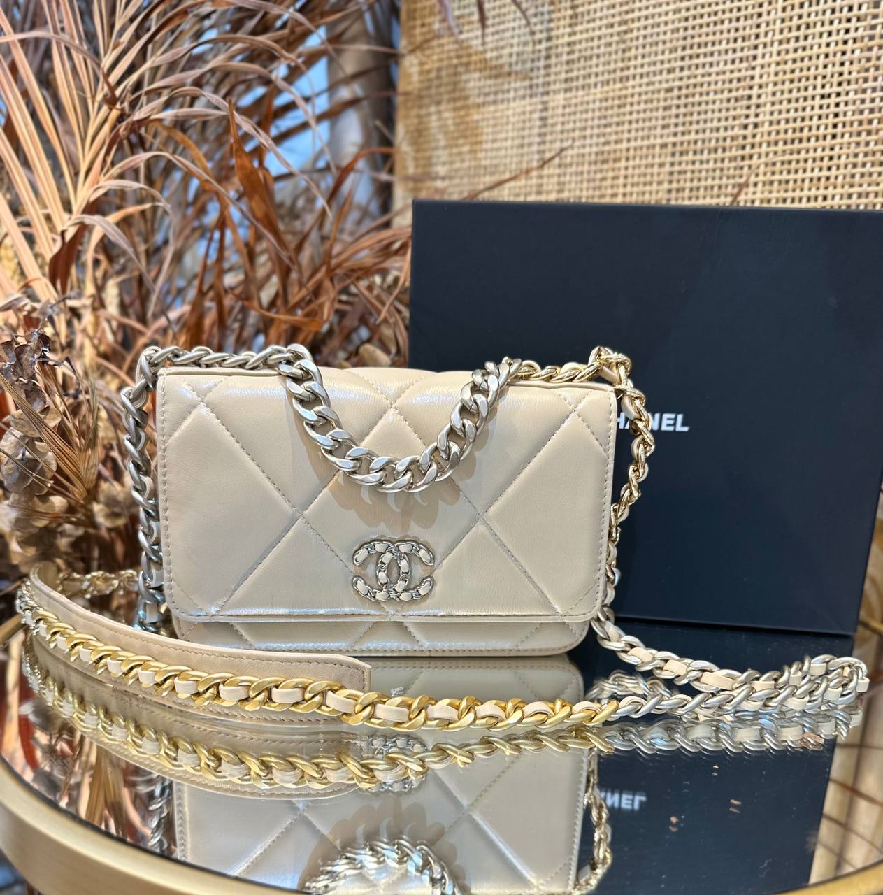 Goatskin Quilted Luxury Chanel 19 Wallet On Chain WOC (Beige)