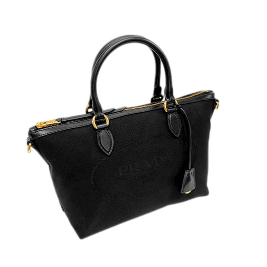 Luxury PradaBlack Canvas Jacquard Logo Leather Trim Small Satchel