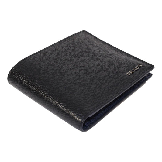 Luxury PradaBlack Navy Vitello Micro Grain Leather Bifold Wallet