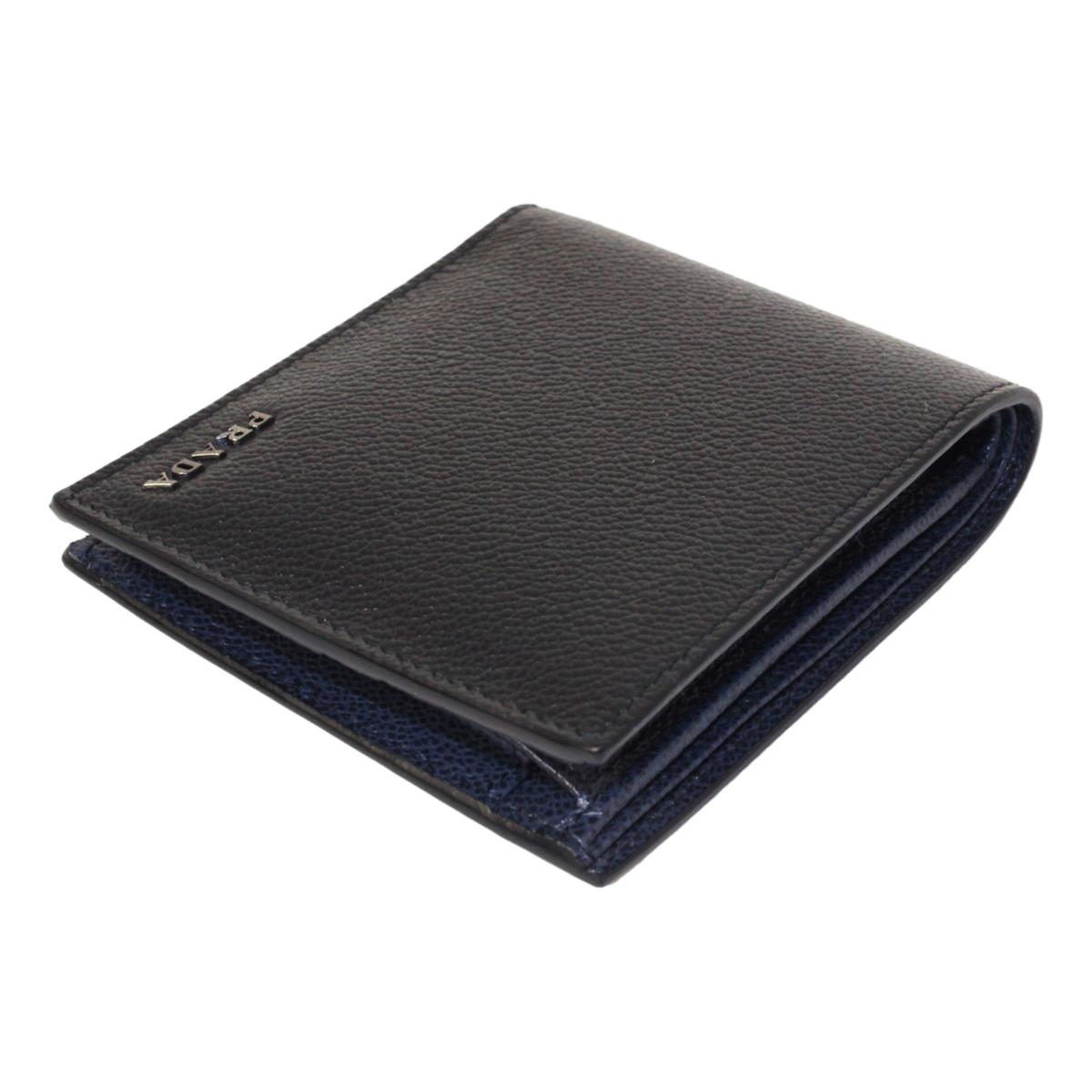 Luxury PradaBlack Navy Vitello Micro Grain Leather Bifold Wallet