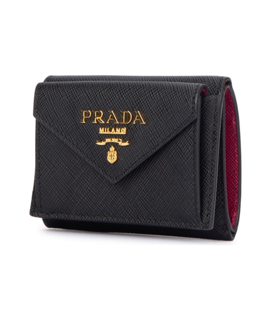 Luxury PradaBlack and Pink Tri-fold Saffiano Wallet