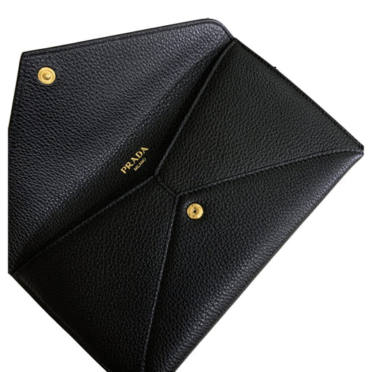 Luxury PradaBlack Vitello Grain Leather Long Envelope Wallet