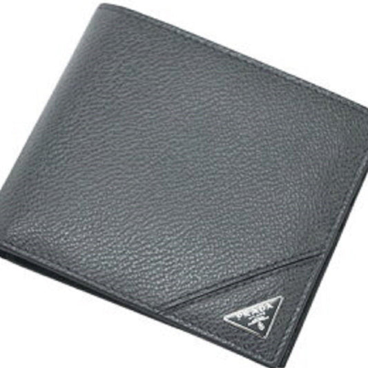 Luxury PradaVitello Micro Grain Gray Leather Triangle Logo Bifold Wallet