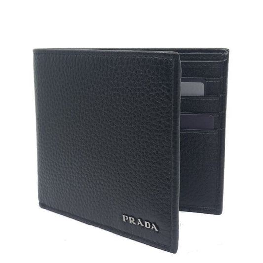 Luxury PradaPortaf. Orizzontale Nero Black Vitello Grain Leather Wallet