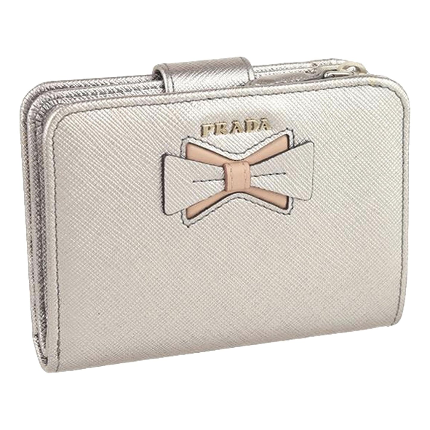 Luxury PradaRibbon Saffiano Metallic Silver and Beige Leather Bifold Wallet