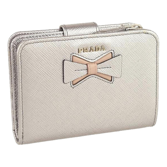 Luxury PradaRibbon Saffiano Metallic Silver and Beige Leather Bifold Wallet