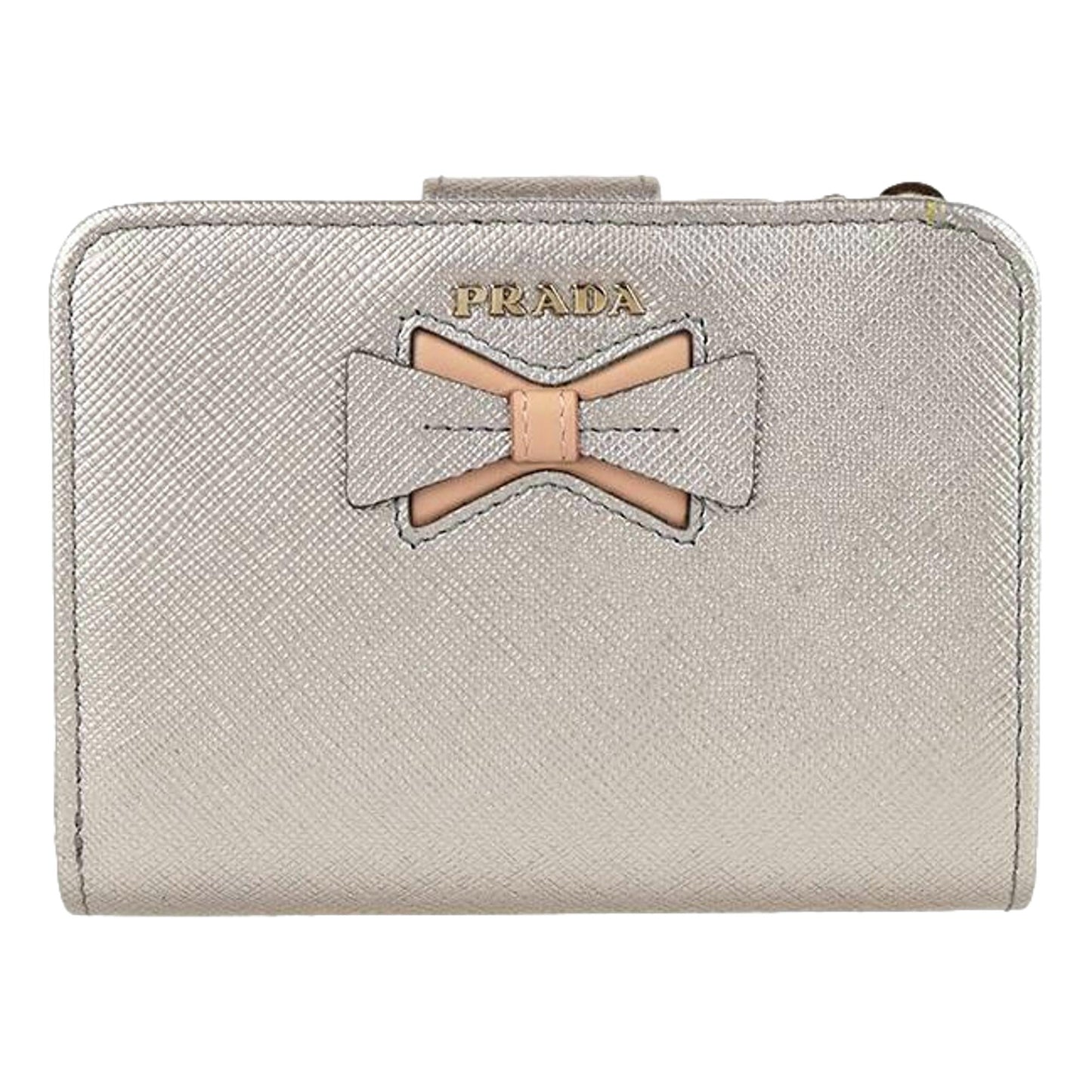Luxury PradaRibbon Saffiano Metallic Silver and Beige Leather Bifold Wallet
