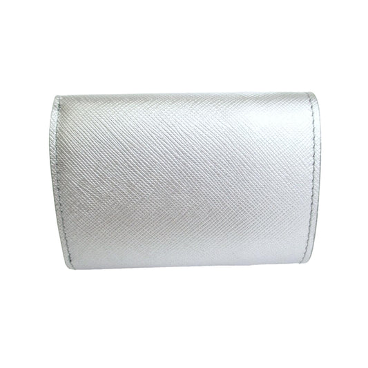 Luxury PradaRibbon Saffiano Metallic Silver and Beige Leather Trifold Wallet