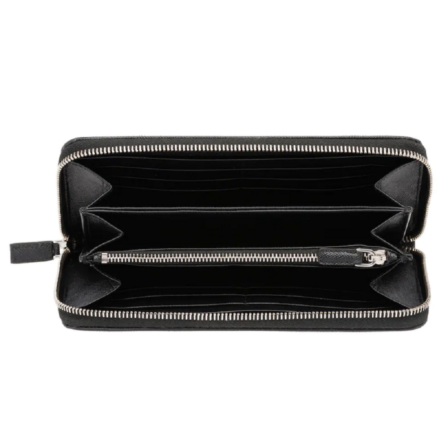 Luxury PradaSaffiano Active Black Leather Stripe Zip Around Wallet