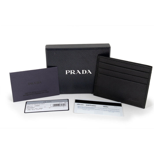 Luxury PradaSaffiano Nero Black - Gray Card Holder Silver Logo