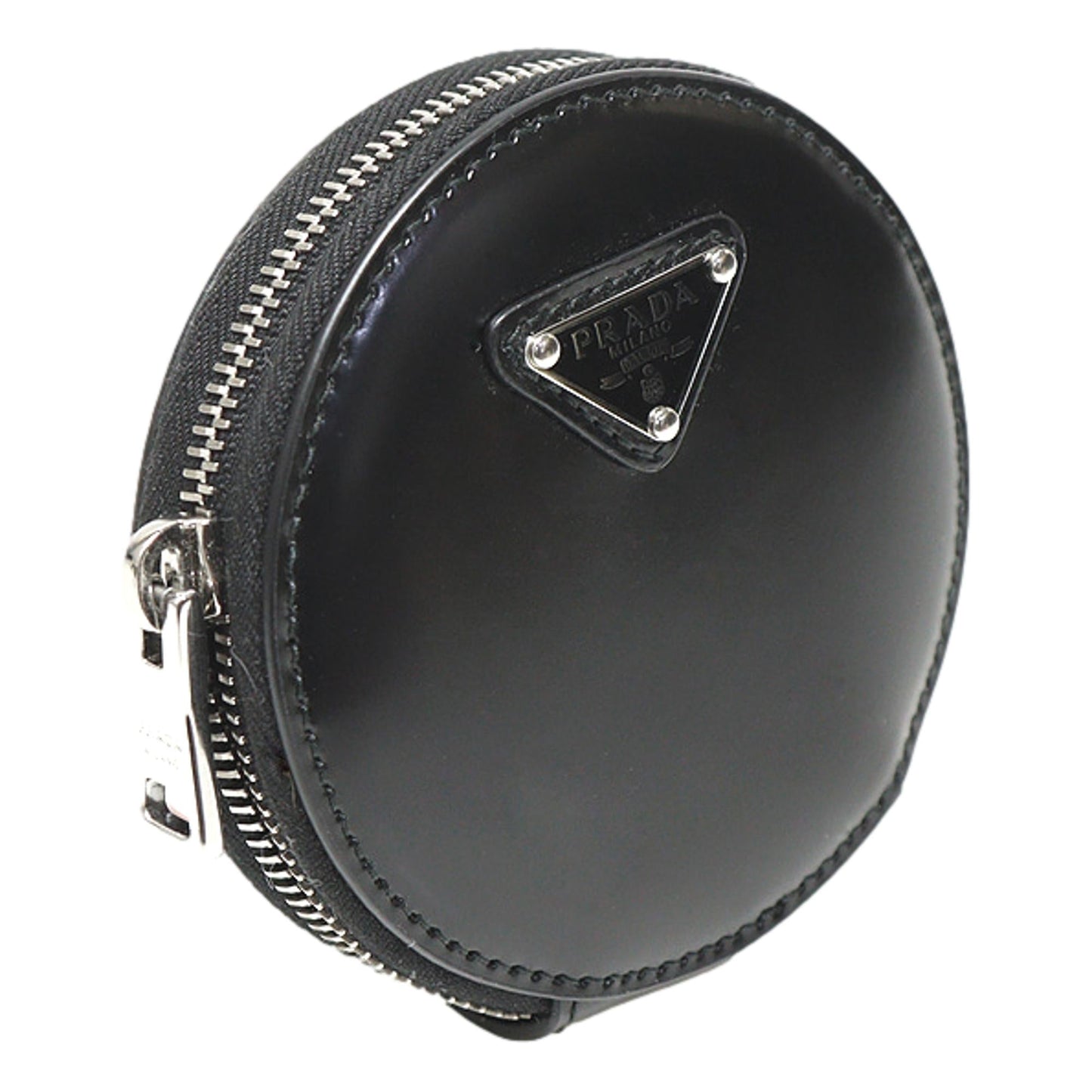 Luxury PradaTriangle Plaque Smooth Black Leather Round Mini Pouch Keychain