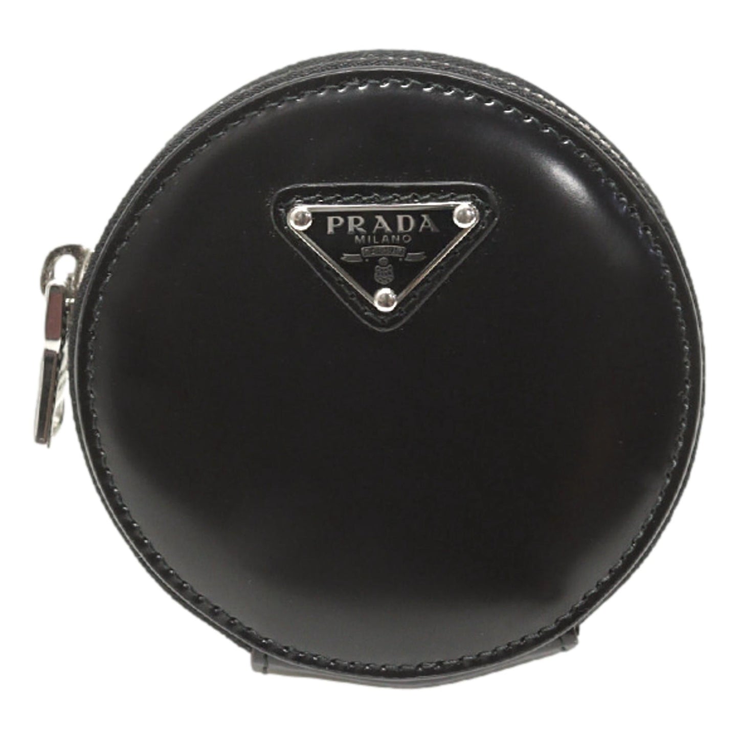 Luxury PradaTriangle Plaque Smooth Black Leather Round Mini Pouch Keychain