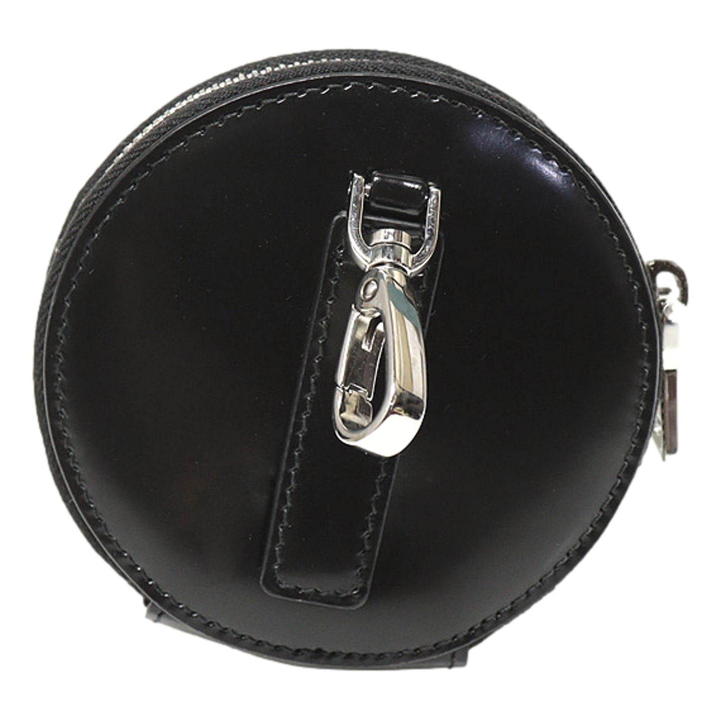 Luxury PradaTriangle Plaque Smooth Black Leather Round Mini Pouch Keychain