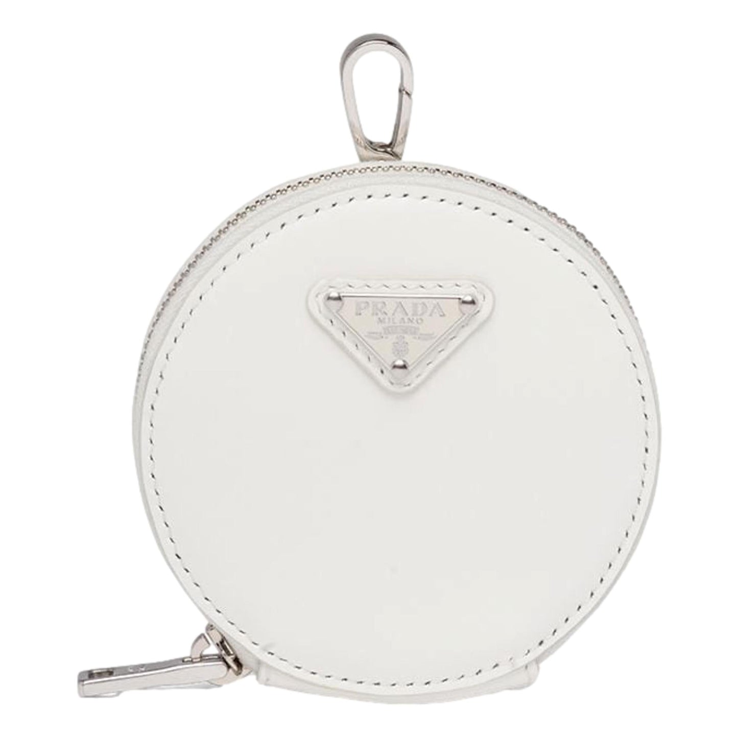 Luxury PradaTriangle Plaque Smooth White Leather Round Mini Pouch Keychain