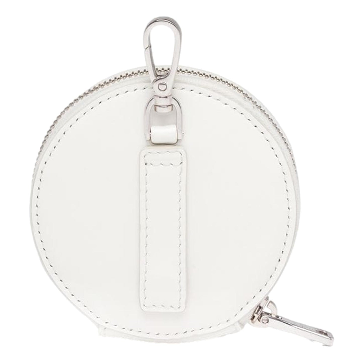 Luxury PradaTriangle Plaque Smooth White Leather Round Mini Pouch Keychain