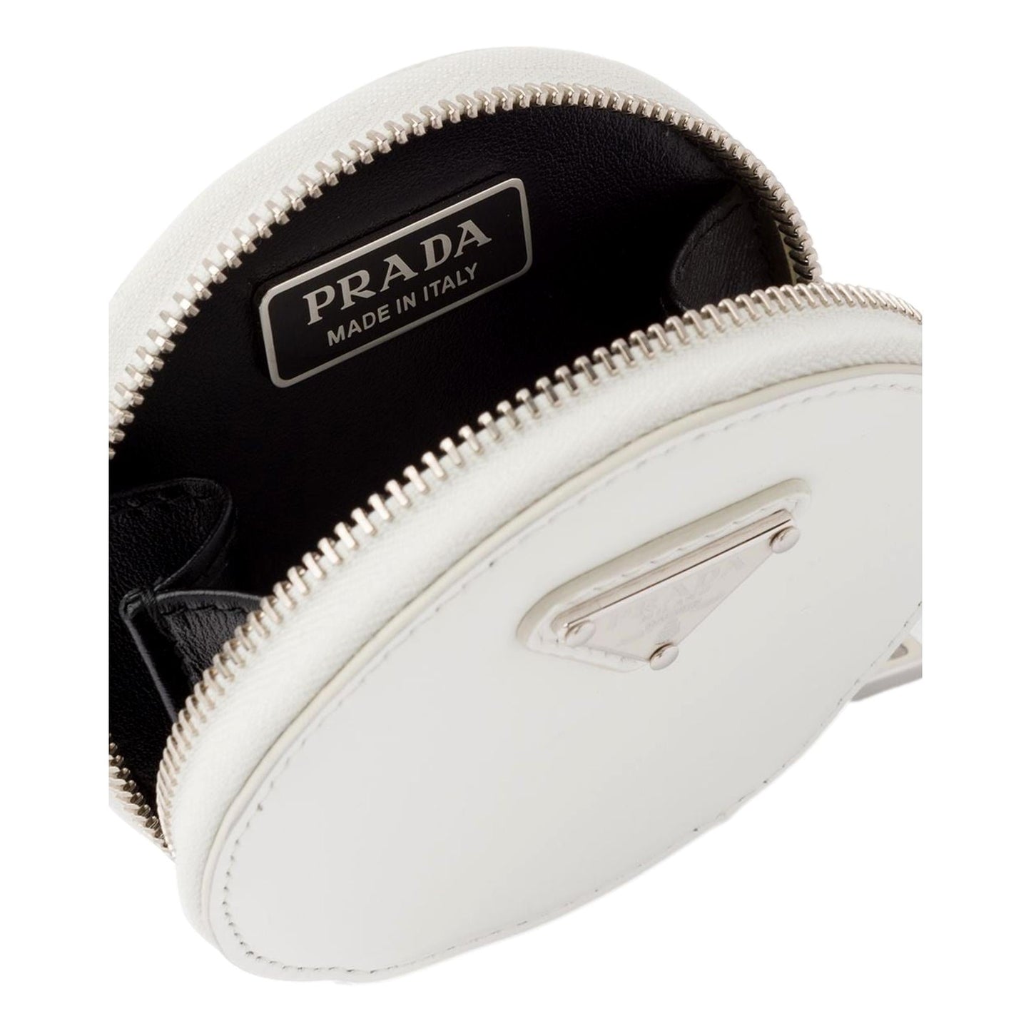 Luxury PradaTriangle Plaque Smooth White Leather Round Mini Pouch Keychain