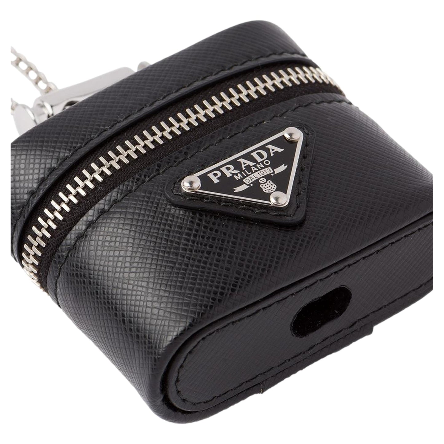 Luxury PradaTriangle Saffiano Black Leather Mini Airpods Case with Chain