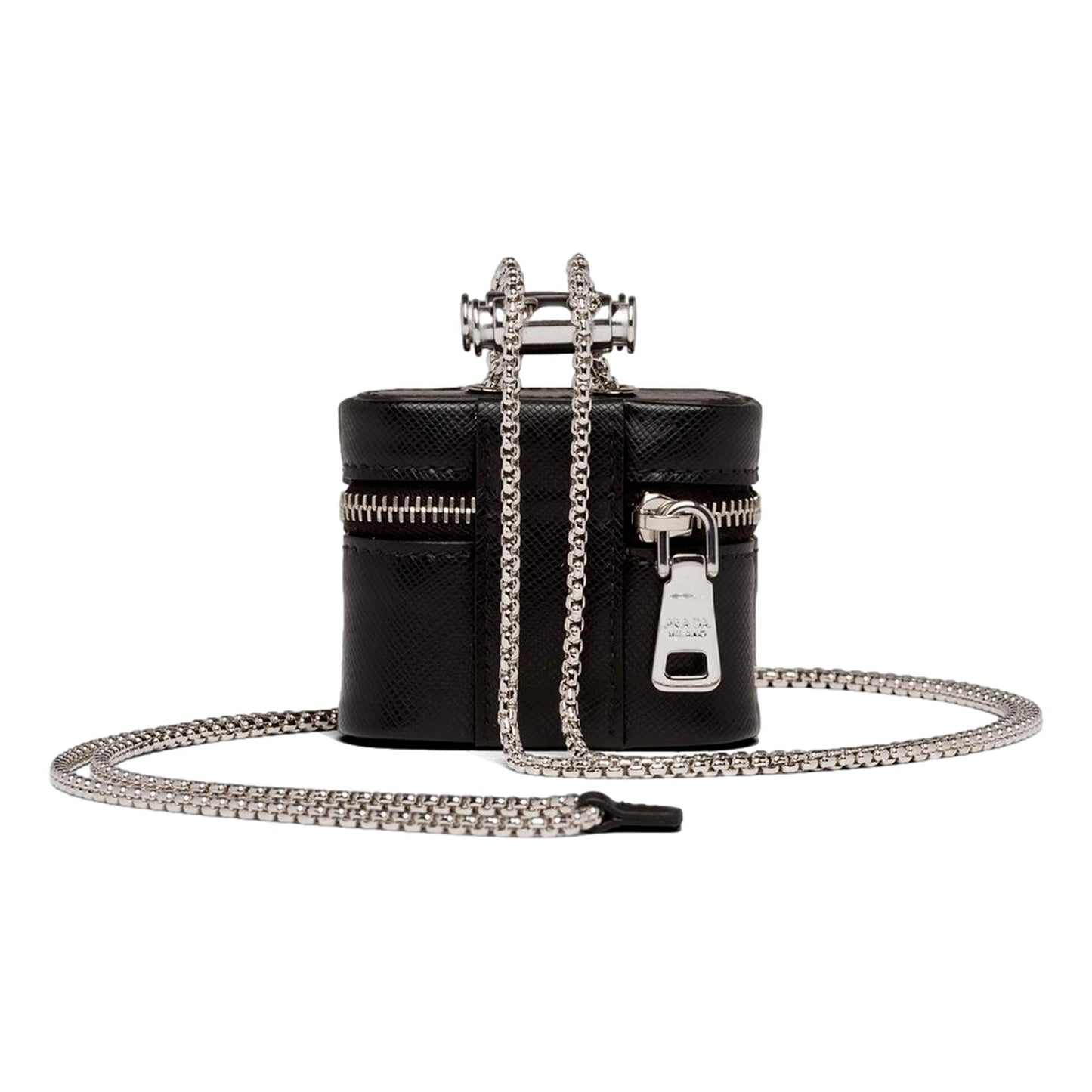Luxury PradaTriangle Saffiano Black Leather Mini Airpods Case with Chain