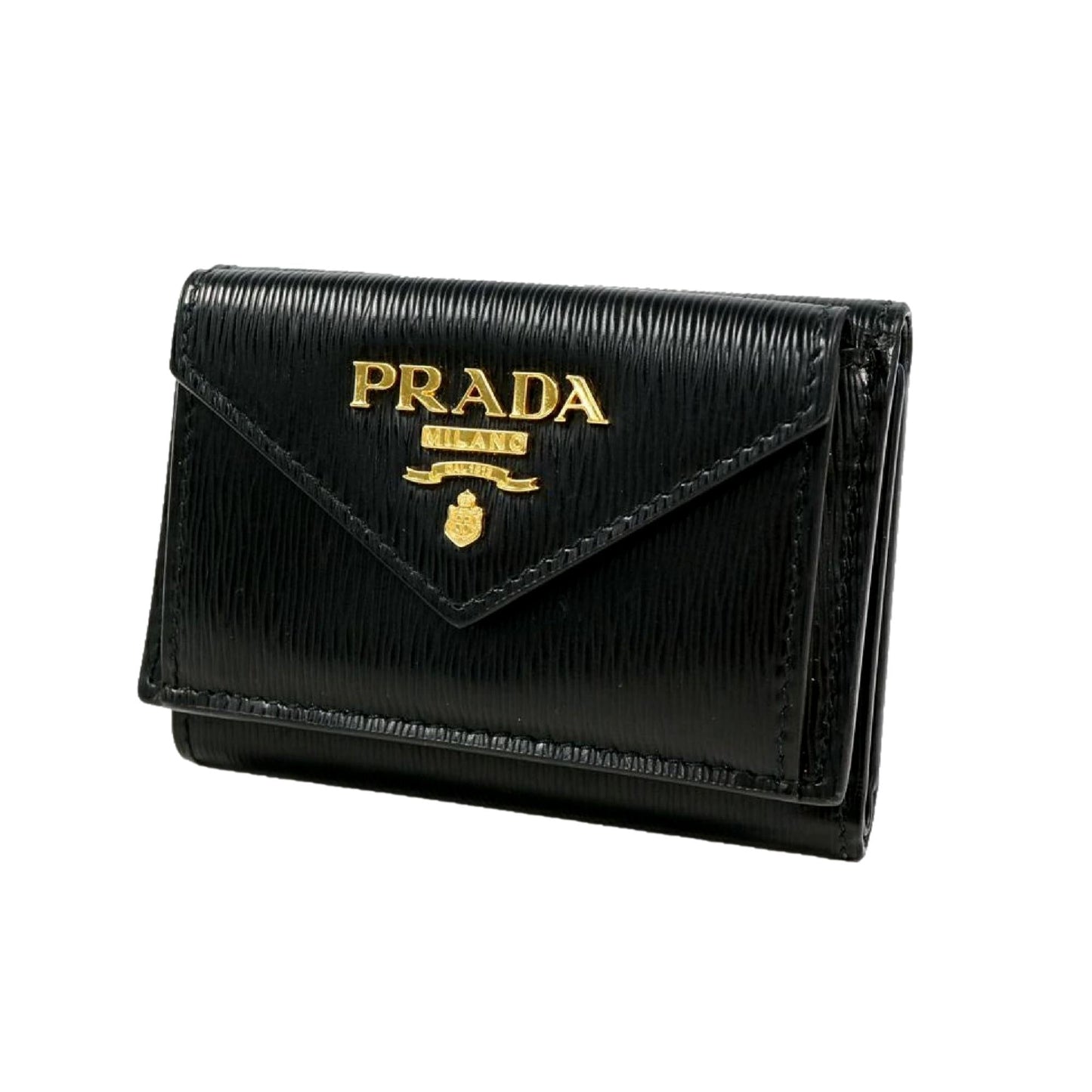 Luxury PradaWomens Vitello Move Black Leather Compact Envelope Trifold Wallet