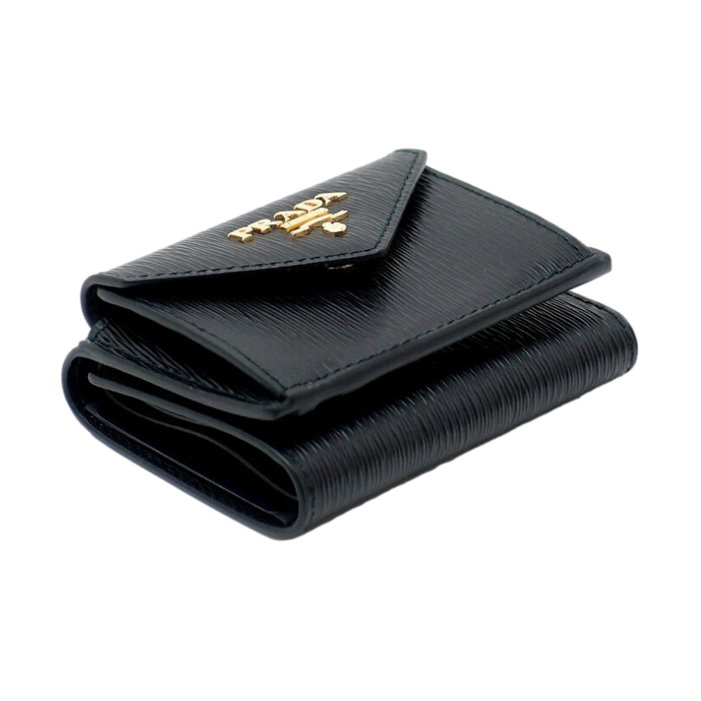 Luxury PradaWomens Vitello Move Black Leather Compact Envelope Trifold Wallet