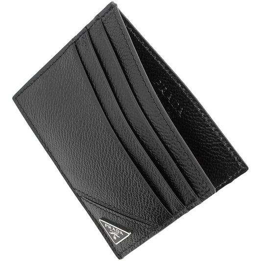 Luxury PradaNero Black Vitello Leather Card Holder Triangle Logo