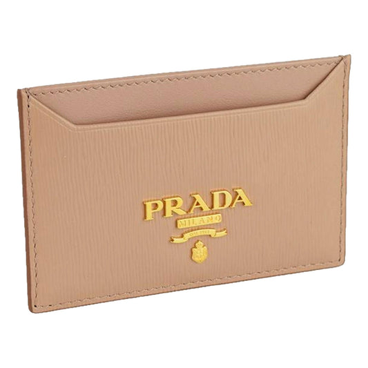 Luxury PradaVitello Move Cipria Beige Leather Logo Plaque Card Holder Wallet