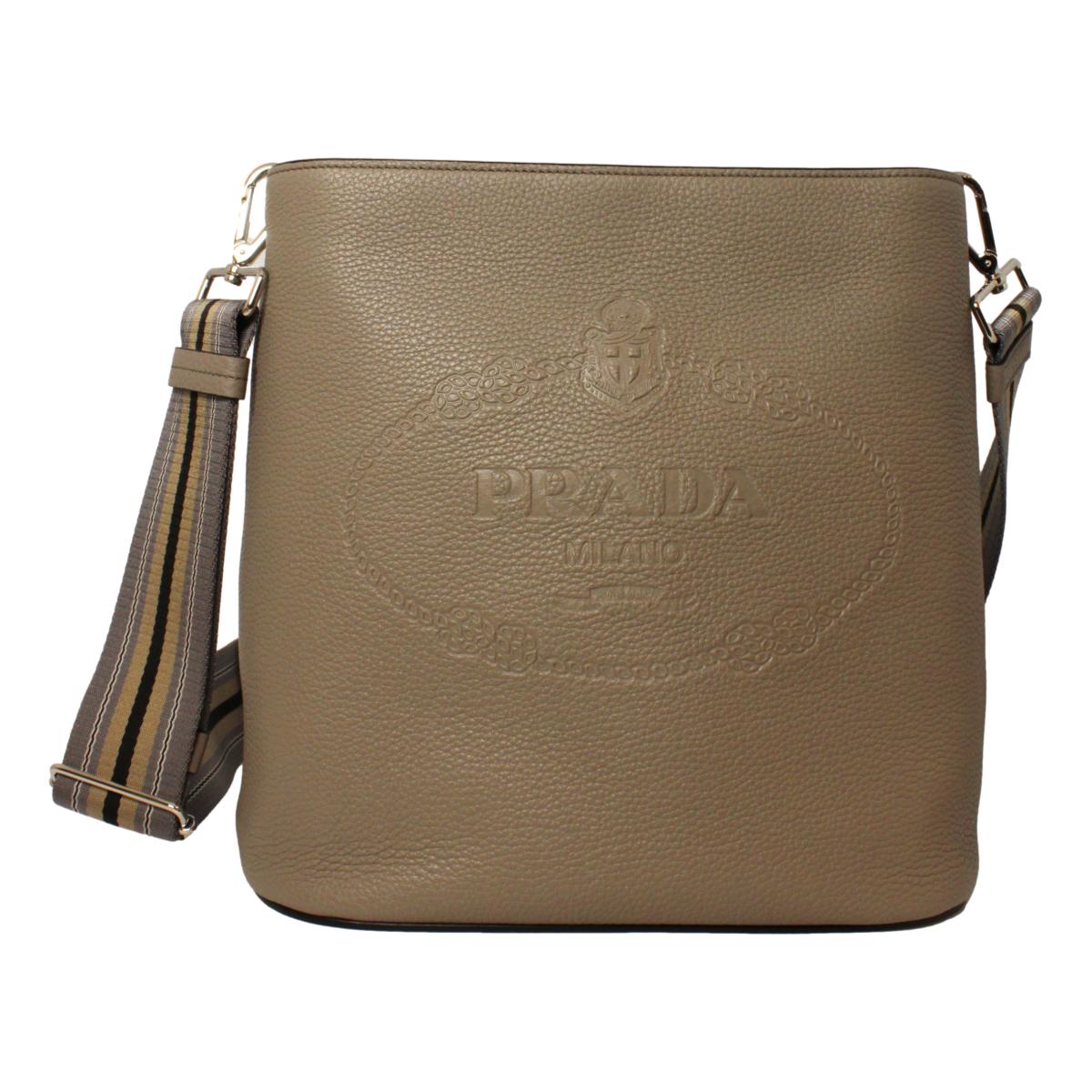 Luxury PradaVitello Phenix Grey Leather Stripe Strap Bucket Bag