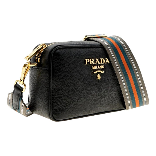 Luxury PradaMilano Black Leather Crossbody Bag Web Stripe Strap