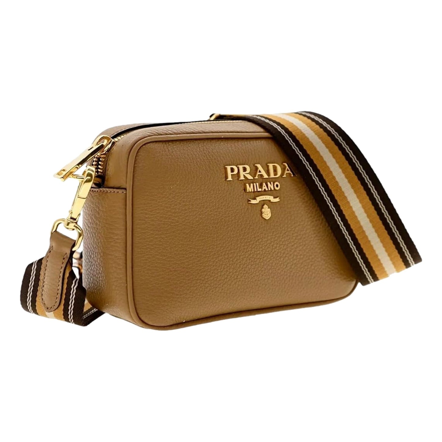Luxury PradaTan Caramel Leather Crossbody Bag Web Stripe Strap