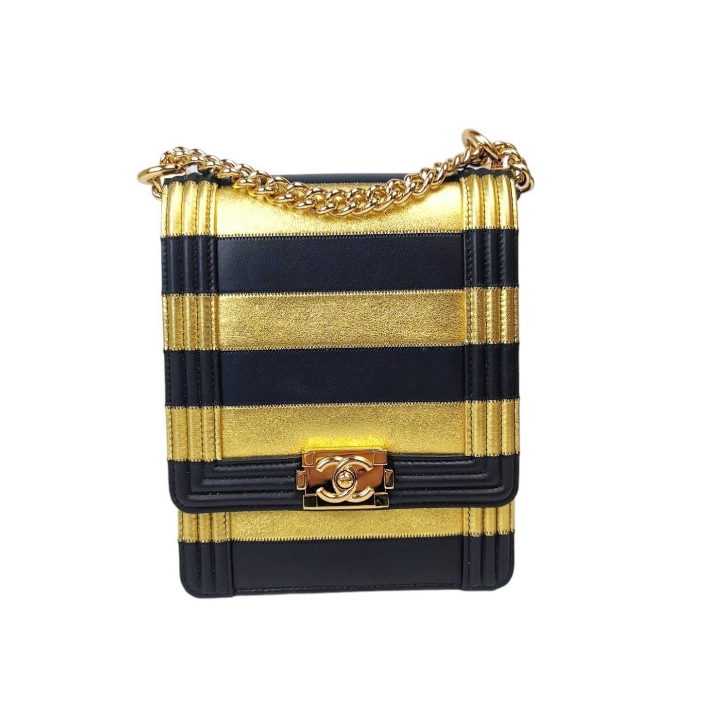 Luxury Chanel Boy North South Paris-New York Striped Lambskin