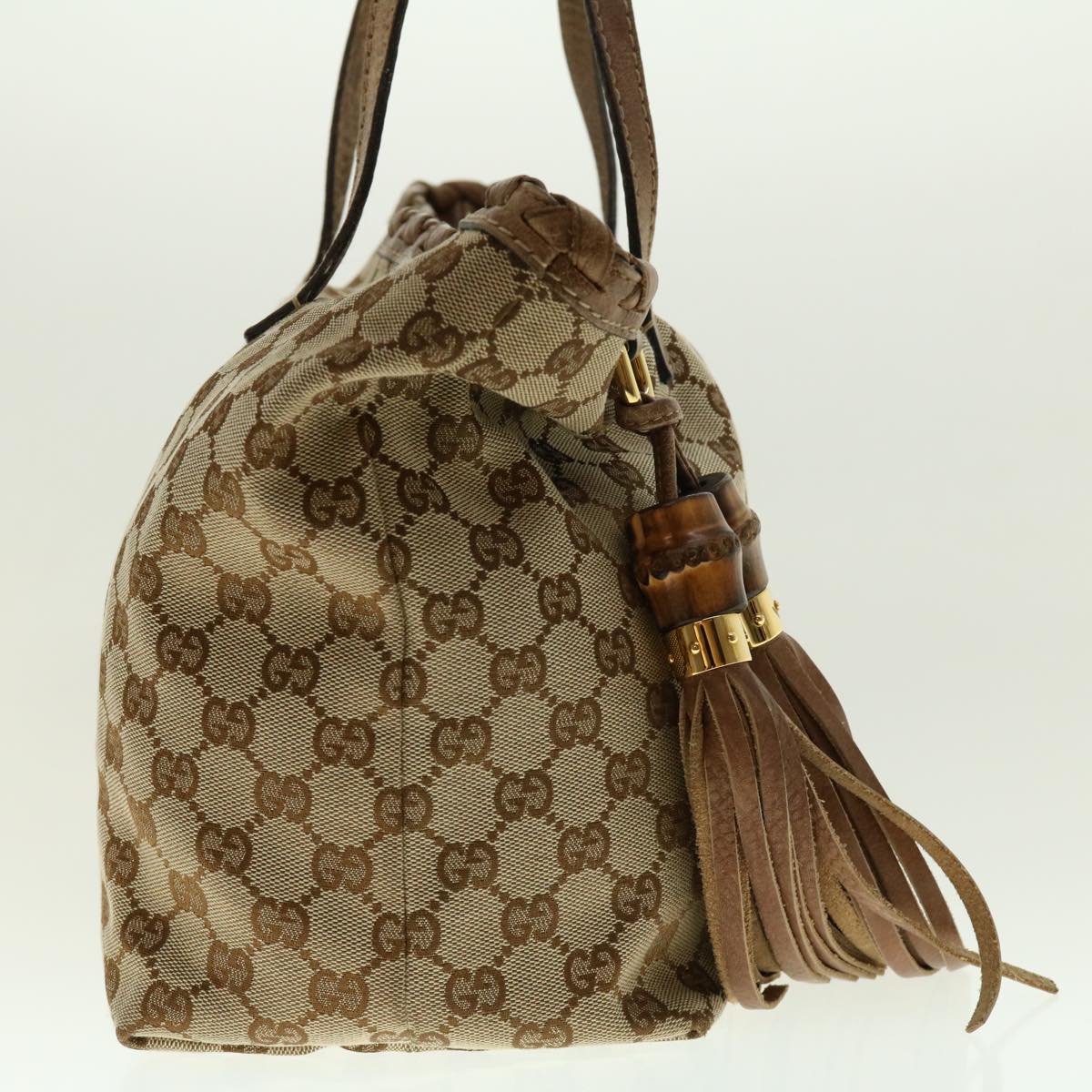 Luxury Gucci GG Canvas Fringe Bamboo Tote Bag Beige Brown 218780 Auth tb616