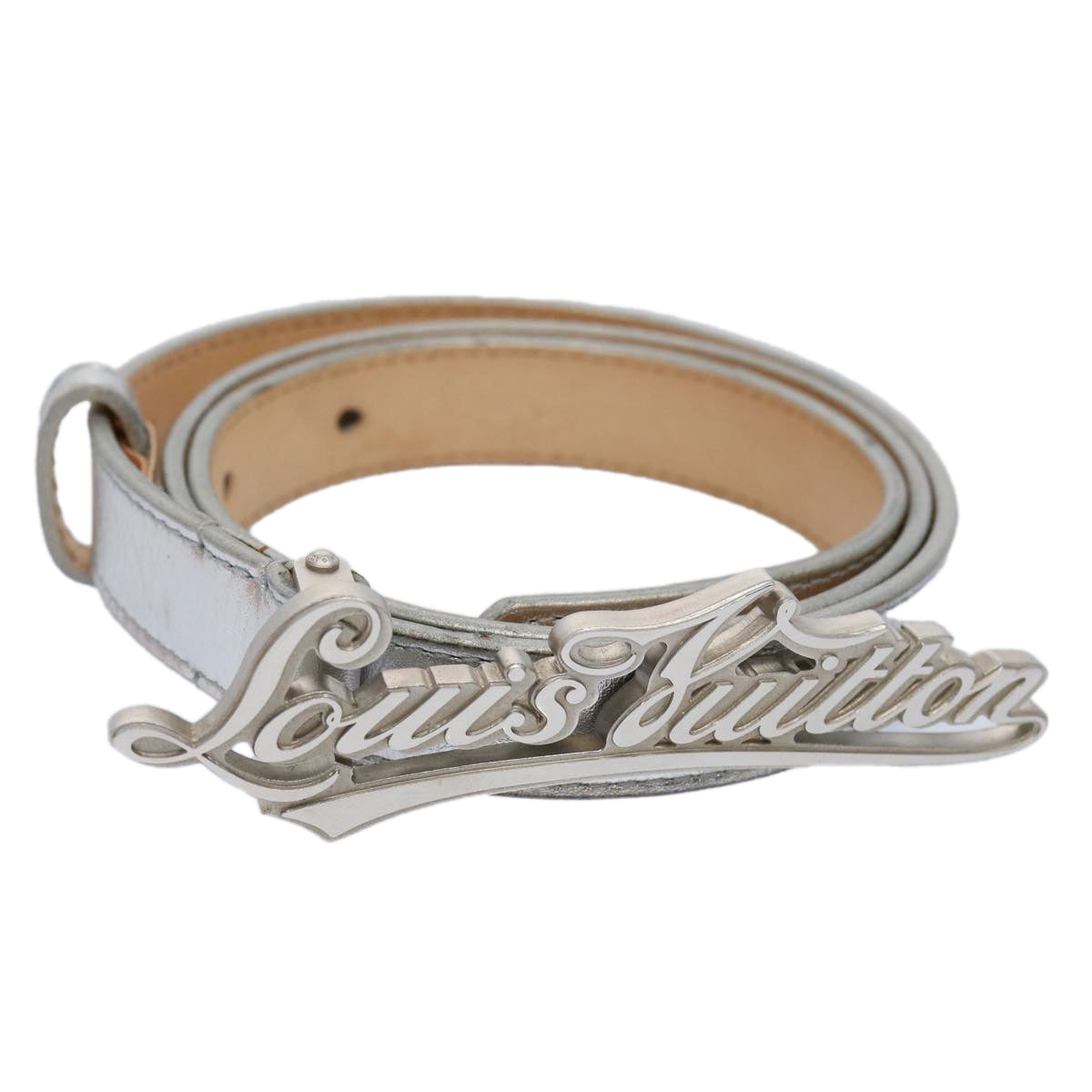 LOUIS VUITTON Ceinture narrow Belt Leather 36.2"" Silver LV tb993