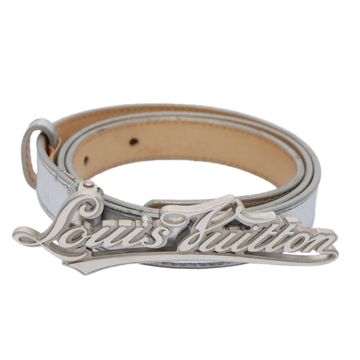 LOUIS VUITTON Ceinture narrow Belt Leather 36.2"" Silver LV tb993