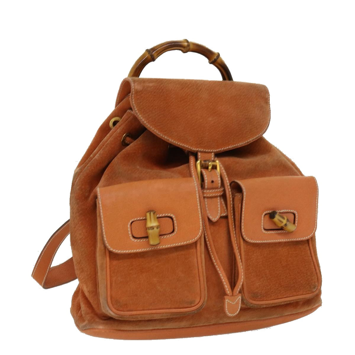 Luxury Gucci Bamboo Backpack Suede Leather Orange Auth th3041
