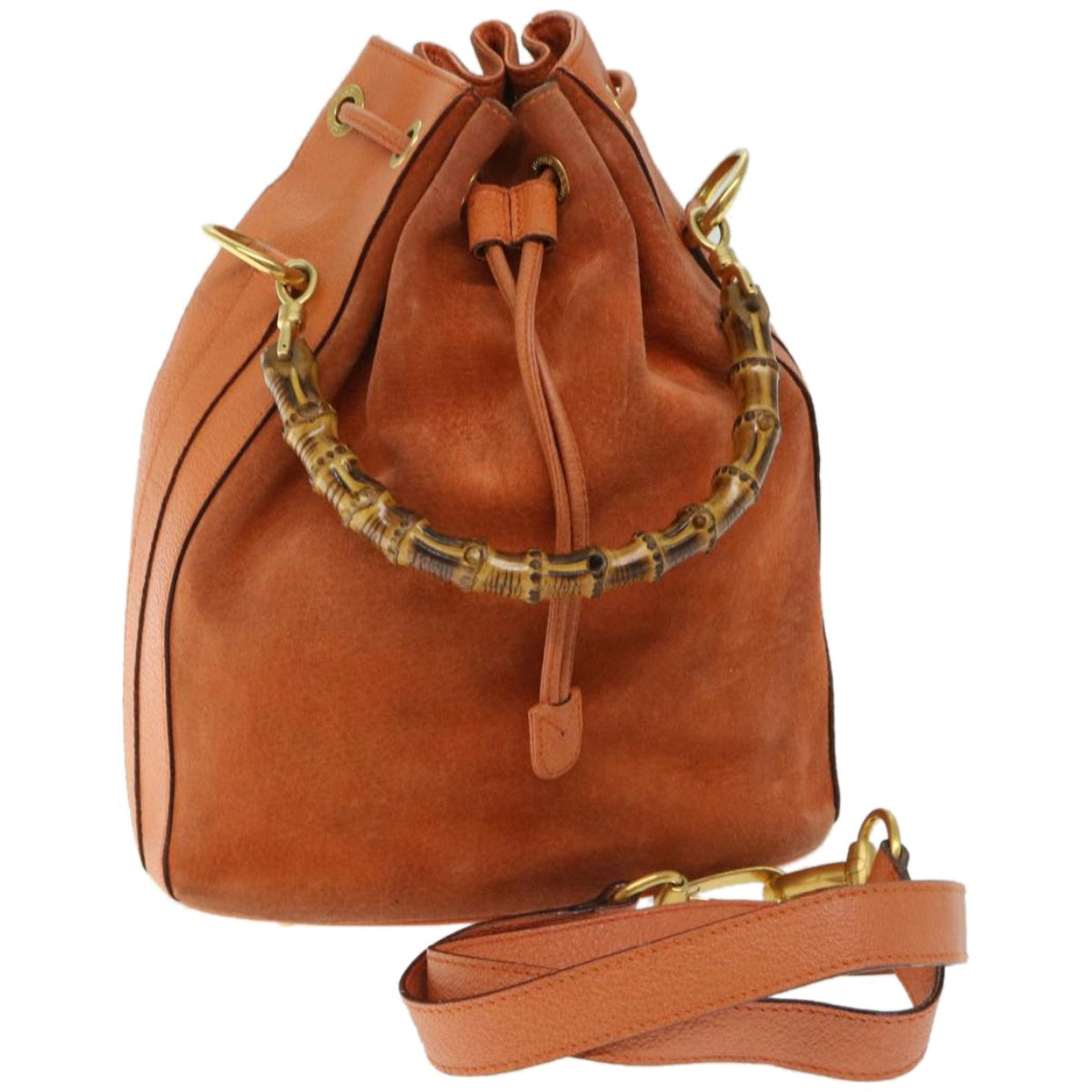 GUCCI Bamboo Hand Bag Suede Leather 2way Orange 001 2865 1657  th4580