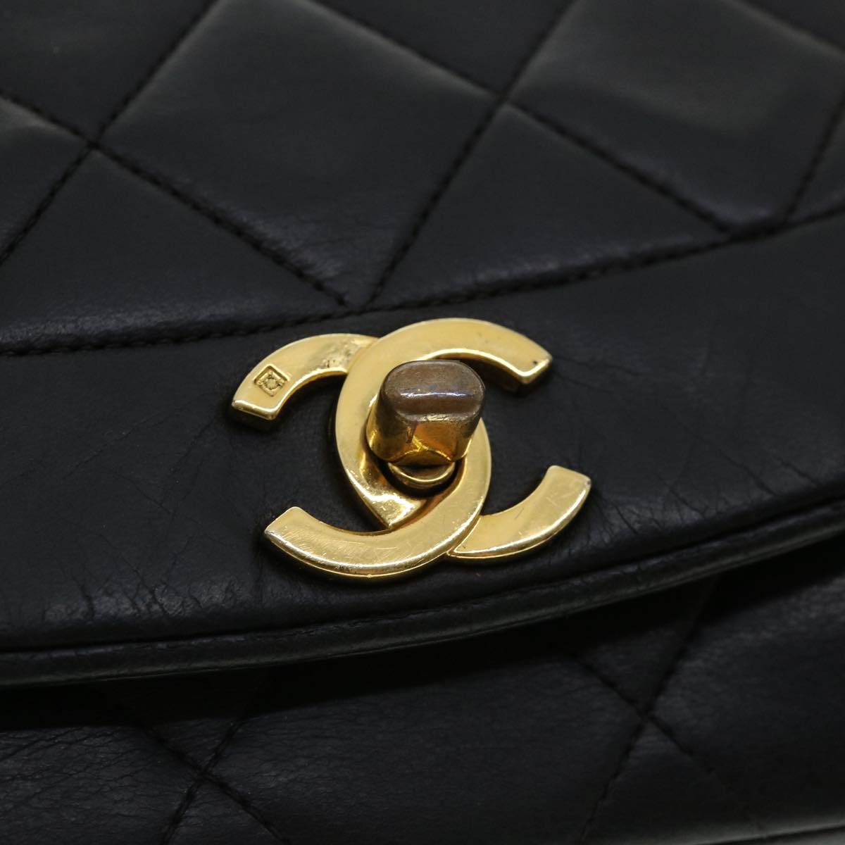 CHANEL Diana Matelasse Chain Flap Shoulder Bag Lamb Skin Black Gold  25036A