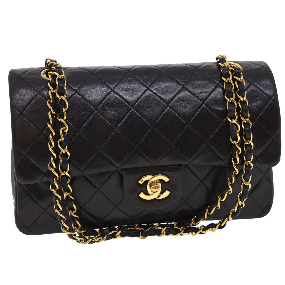 CHANEL Classic Matelasse 25 Chain Flap Shoulder Bag Lamb Skin Black  hs649A