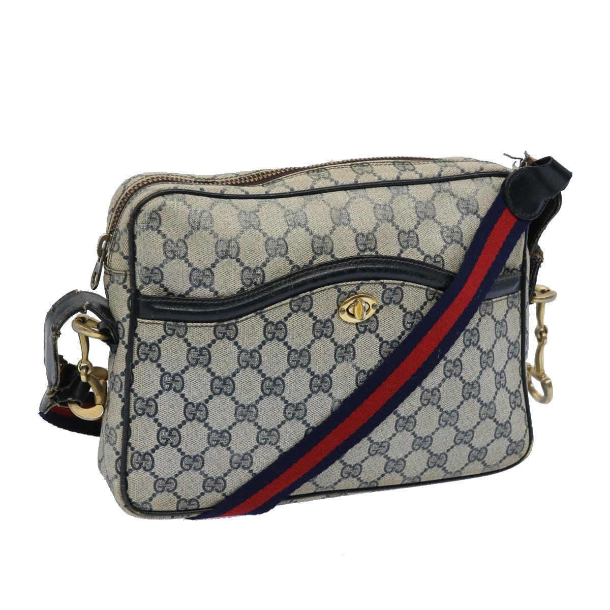 GUCCI GG Canvas Sherry Line Shoulder Bag PVC Leather Gray Red Navy 1224