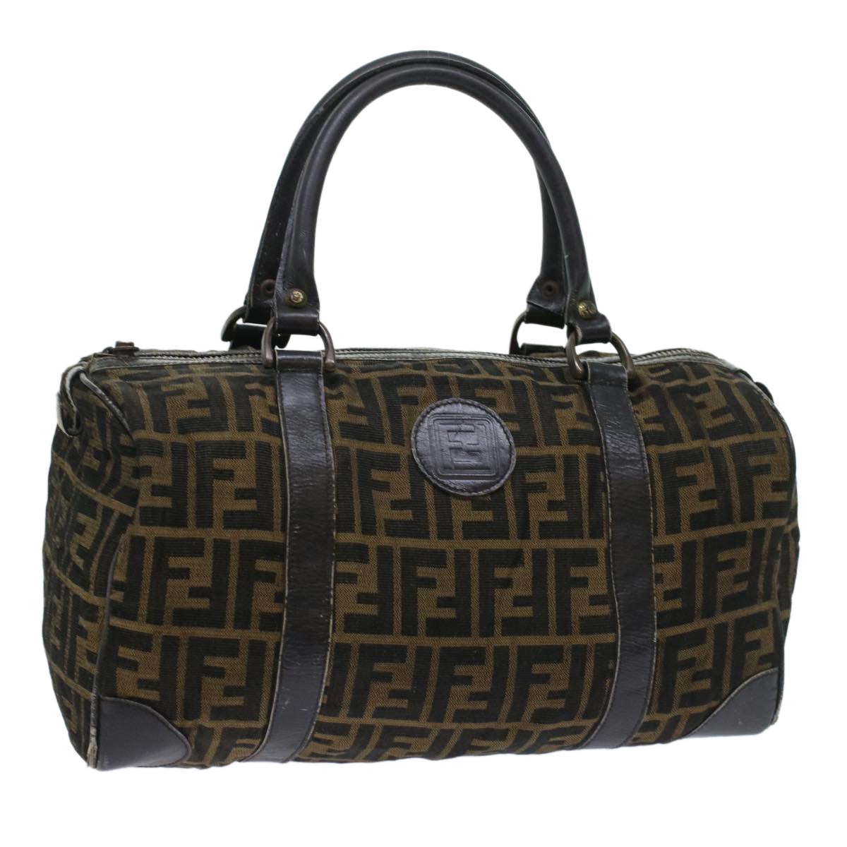 Luxury FendiZucca Canvas Boston Bag Leather Black Brownti1235