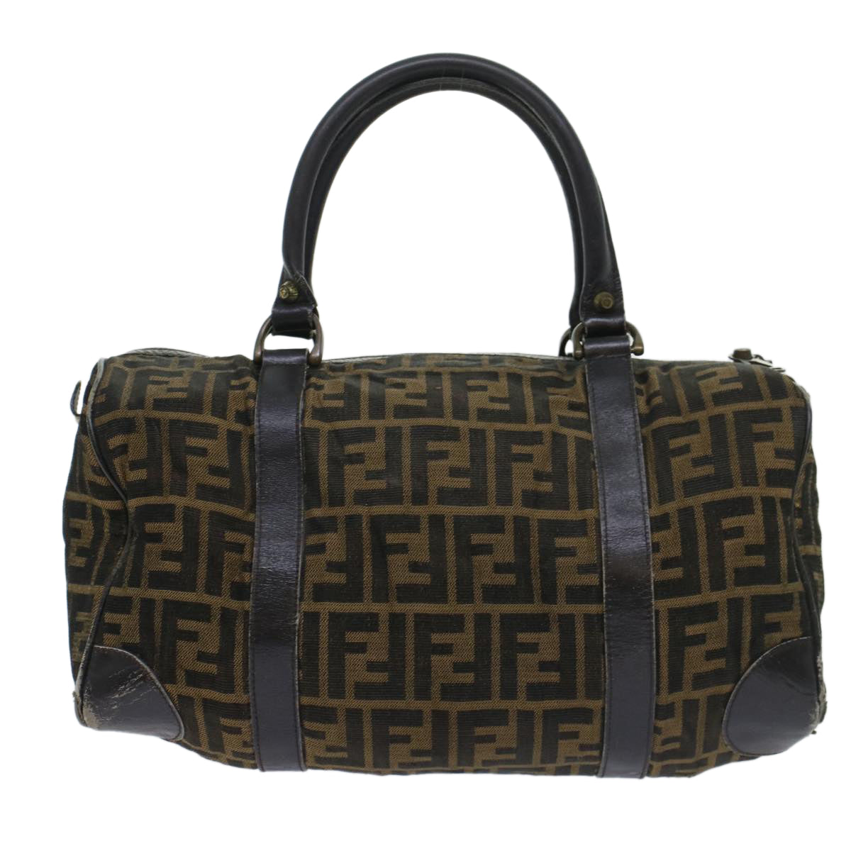 Luxury FendiZucca Canvas Boston Bag Leather Black Brownti1235