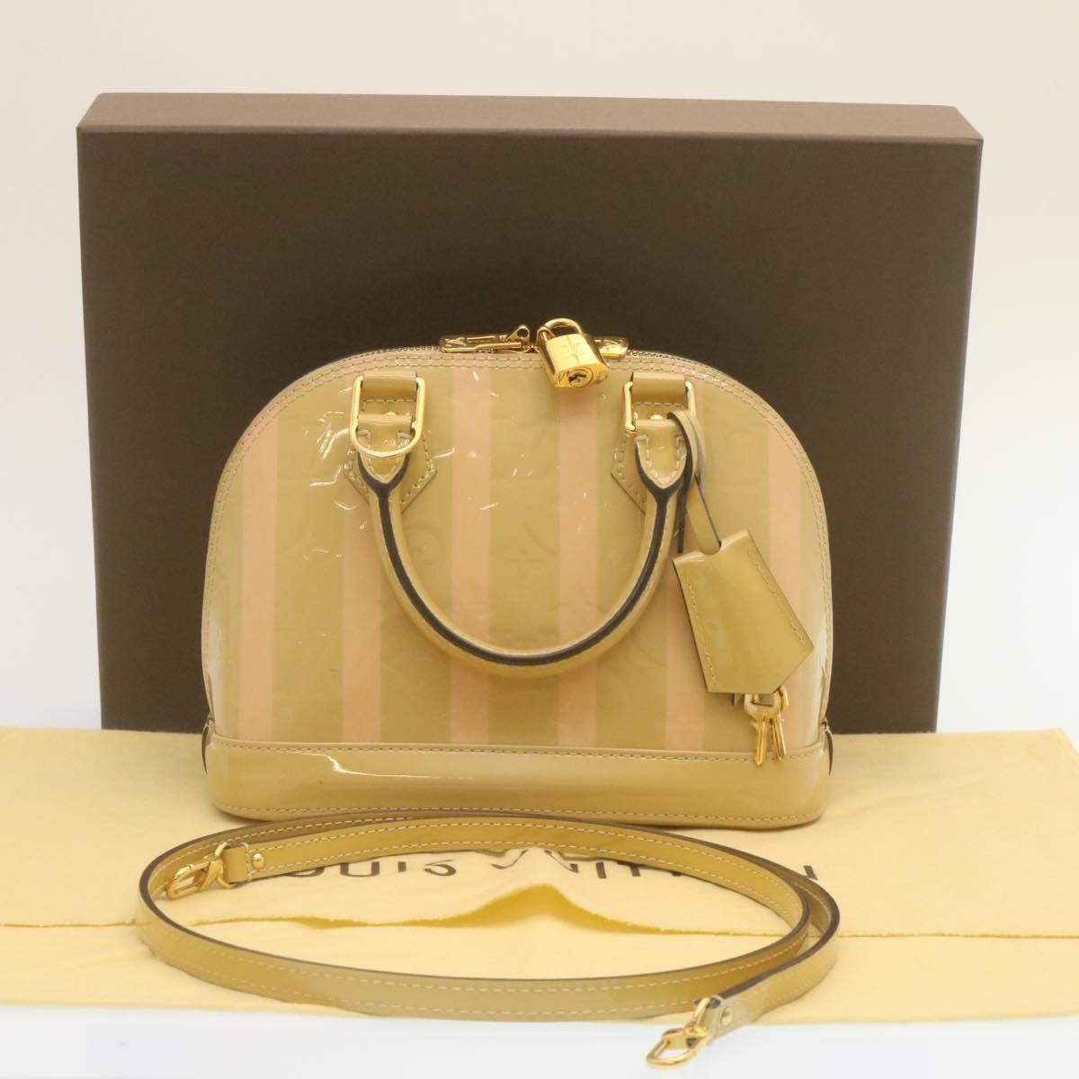 LOUIS VUITTON Vernis Rayures Alma BB Hand Bag 2way Beige Pink M90970 ai678A