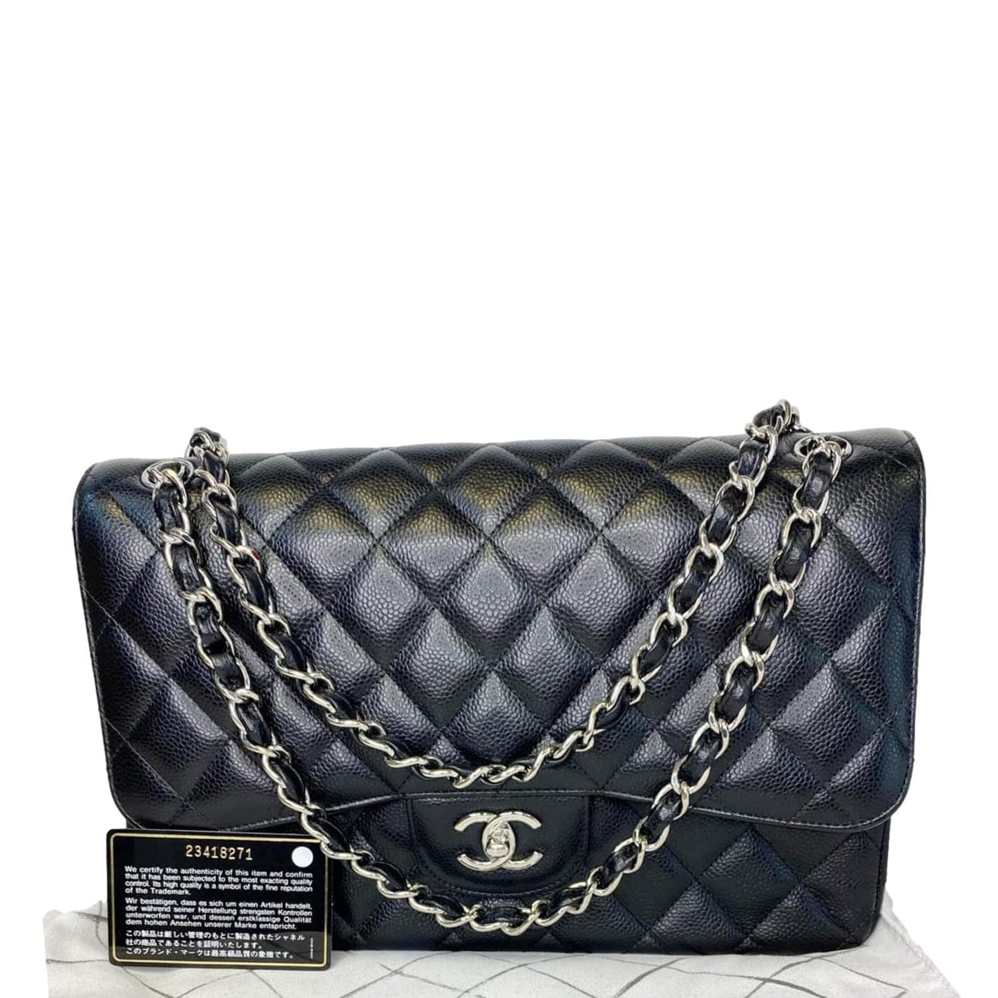CHANEL Jumbo Double Flap Quilted Caviar Leather Shoulder Bag Black