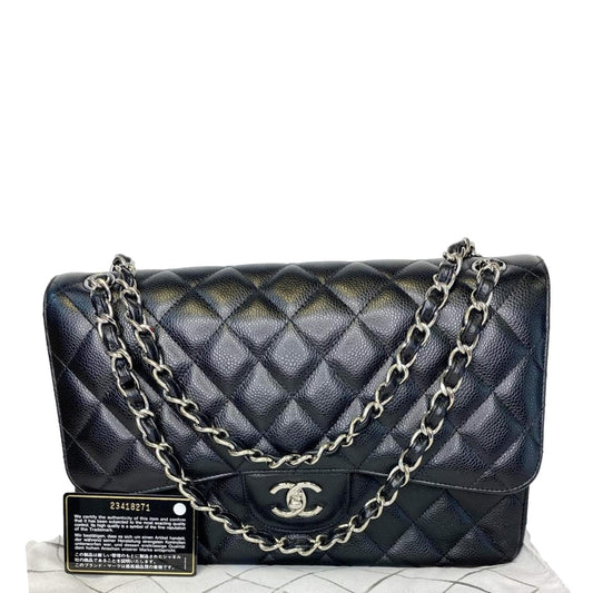 CHANEL Jumbo Double Flap Quilted Caviar Leather Shoulder Bag Black