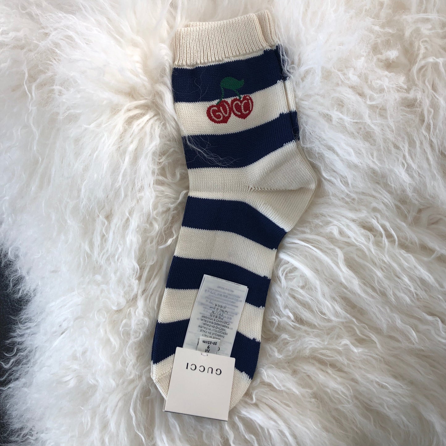 Luxury Gucci Trending 2025 Blue and White Striped Knitted Ankle Socks with Cherries