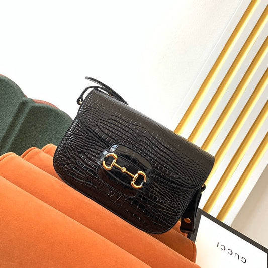 Luxury Gucci GG 1955 Horsebit Bag 25cm Black Crocodile Leather Gold Hardware